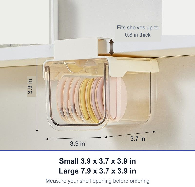 Cream organizer size guide in inches: small 3.9 x 3.7 x 3.9 inches, large 7.9 x 3.7 x 3.9 inches, fits shelves up to 0.8 inch thick