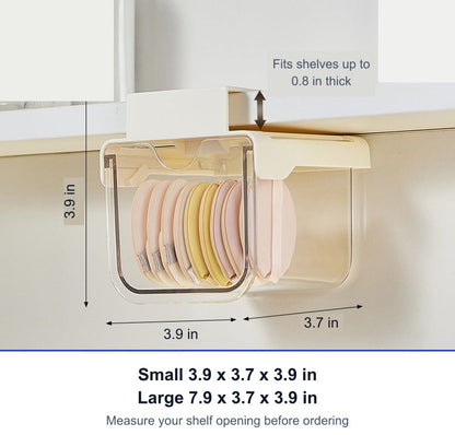 Cream organizer size guide in inches: small 3.9 x 3.7 x 3.9 inches, large 7.9 x 3.7 x 3.9 inches, fits shelves up to 0.8 inch thick