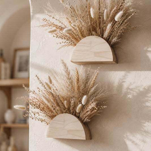 Two boho wooden arch wall pockets styled with dried pampas grass on a textured wall