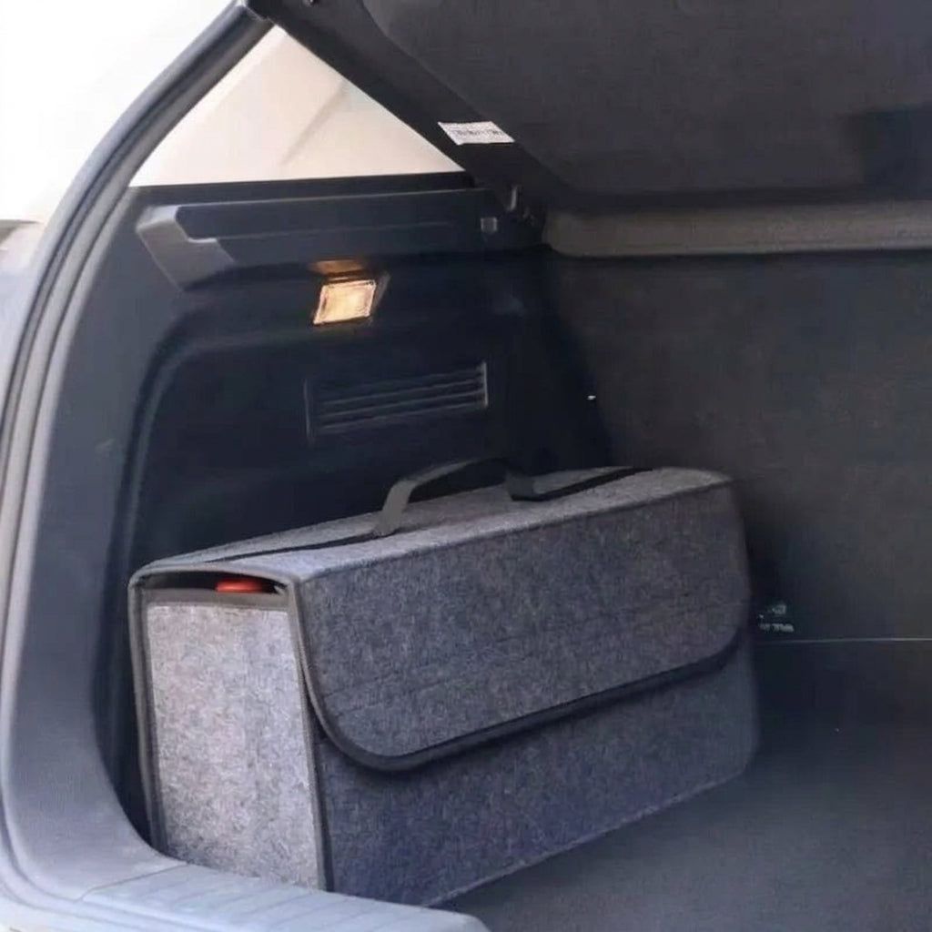 Felt car trunk organizer placed against the trunk side wall
